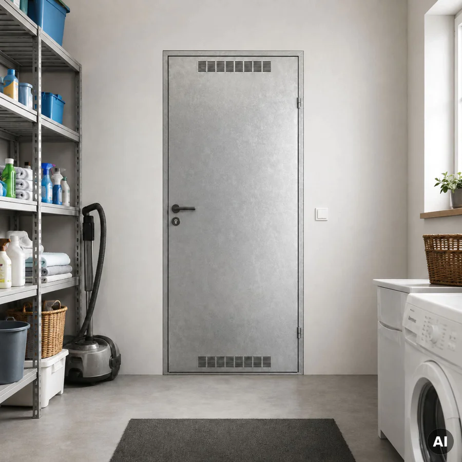 drzwi uniwersalne porta metalowe z wentylacją w pomieszczeniu gospodarczym