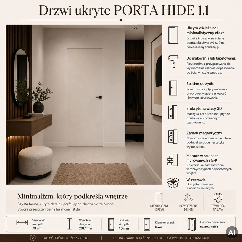 Drzwi ukryte Porta HIDE Bezprzylgowe (otwierane na zewnątrz