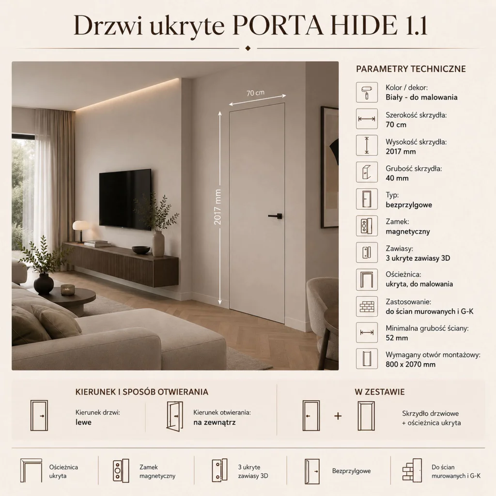 Drzwi ukryte Porta HIDE Bezprzylgowe (otwierane na zewnątrz) Lewe 70cm płyta, SPA1110L07LBP0A7V0O000
