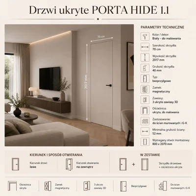Drzwi ukryte Porta HIDE Bezprzylgowe (otwierane na zewnątrz) Lewe 70cm płyta, SPA1110L07LBP0A7V0O000