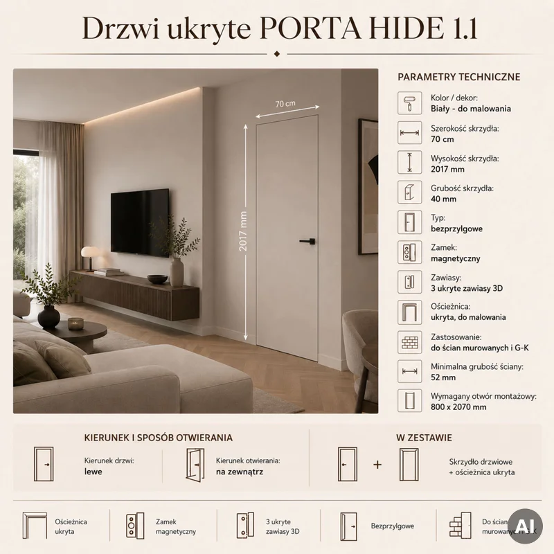 Drzwi ukryte Porta HIDE Bezprzylgowe (otwierane na zewnątrz