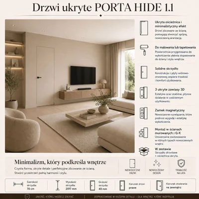 Drzwi ukryte Porta HIDE Bezprzylgowe (otwierane na zewnątrz) Prawe 70 cm płyta, SPA1110P07LBP0A7V0O000