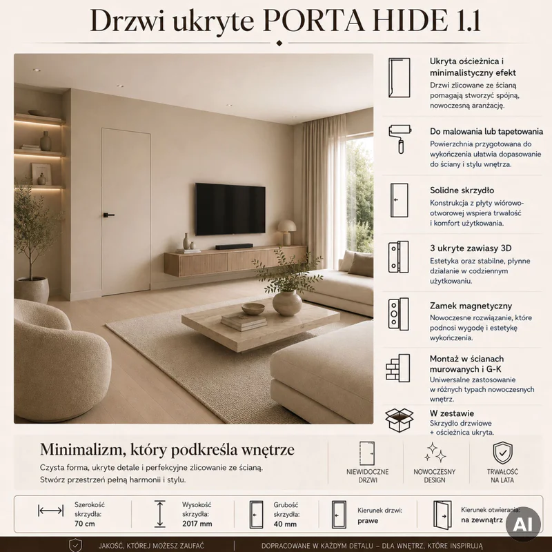 Drzwi ukryte Porta HIDE Bezprzylgowe (otwierane na zewnątrz