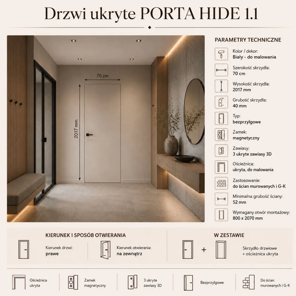 Drzwi ukryte Porta HIDE Bezprzylgowe (otwierane na zewnątrz) Prawe 70 cm płyta, SPA1110P07LBP0A7V0O000