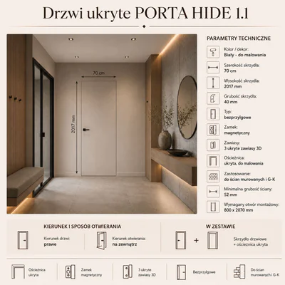 Drzwi ukryte Porta HIDE Bezprzylgowe (otwierane na zewnątrz) Prawe 70 cm płyta, SPA1110P07LBP0A7V0O000