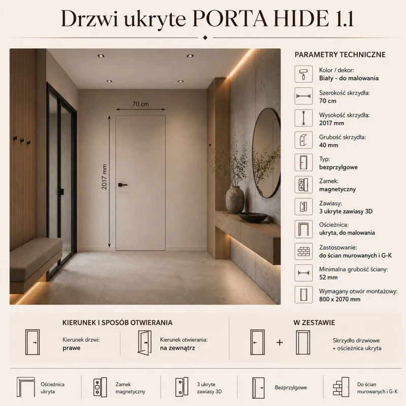 Drzwi ukryte Porta HIDE Bezprzylgowe (otwierane na zewnątrz