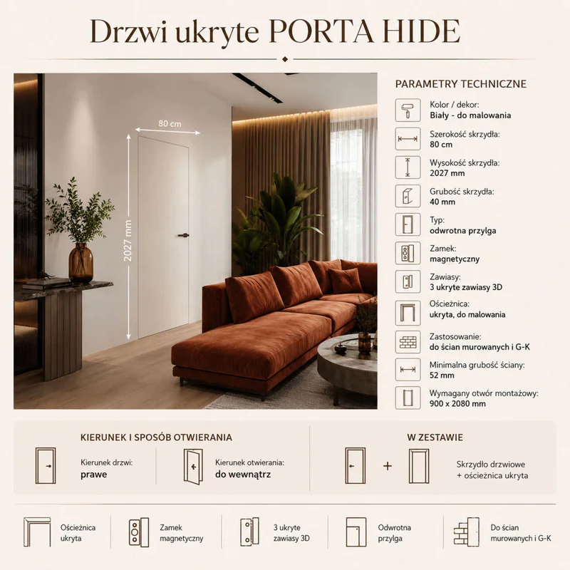 Zestaw Drzwi ukryte + Ościeżnica Porta HIDE Odwrotna przyl