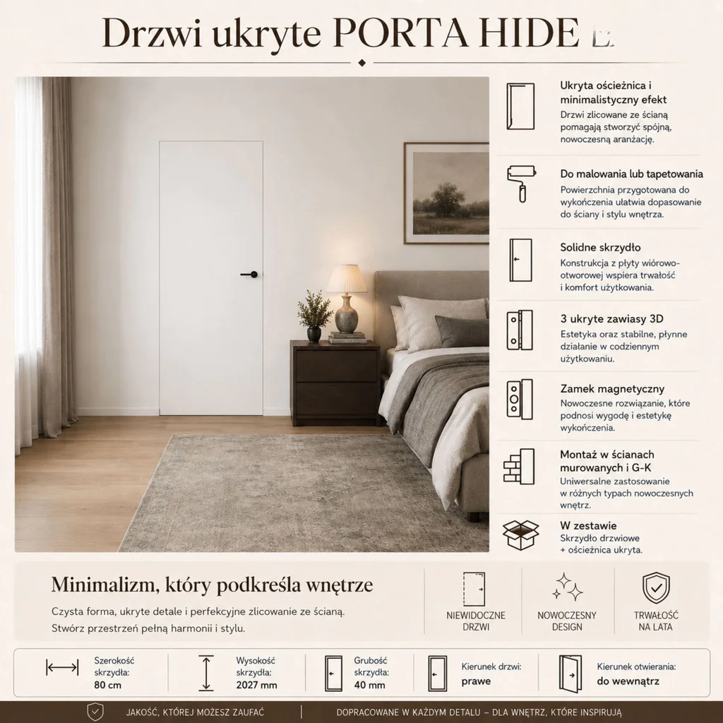 Zestaw Drzwi ukryte + Ościeżnica Porta HIDE Odwrotna przylga (otwierane do wewnątrz) Prawe 80cm płyta, SPP1110P08LBP0A7V0O000, OPP100LP080000AN300000