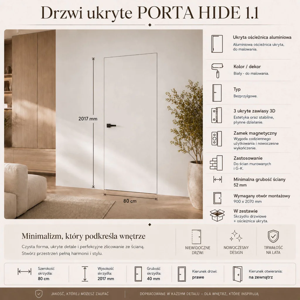 Zestaw Drzwi ukryte + Ościeżnica Porta HIDE Bezprzylgowe (otwierane na zewnątrz) Prawe 80cm płyta, SPA1110P08LBP0A7V0O000, OPA100LP080000AN300000