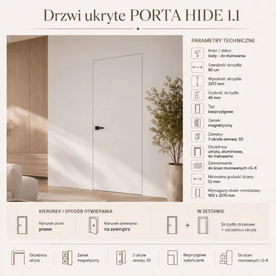 Zestaw Drzwi ukryte + Ościeżnica Porta HIDE Bezprzylgowe (otwierane na zewnątrz) Prawe 80cm płyta, SPA1110P08LBP0A7V0O000, OPA100LP080000AN300000