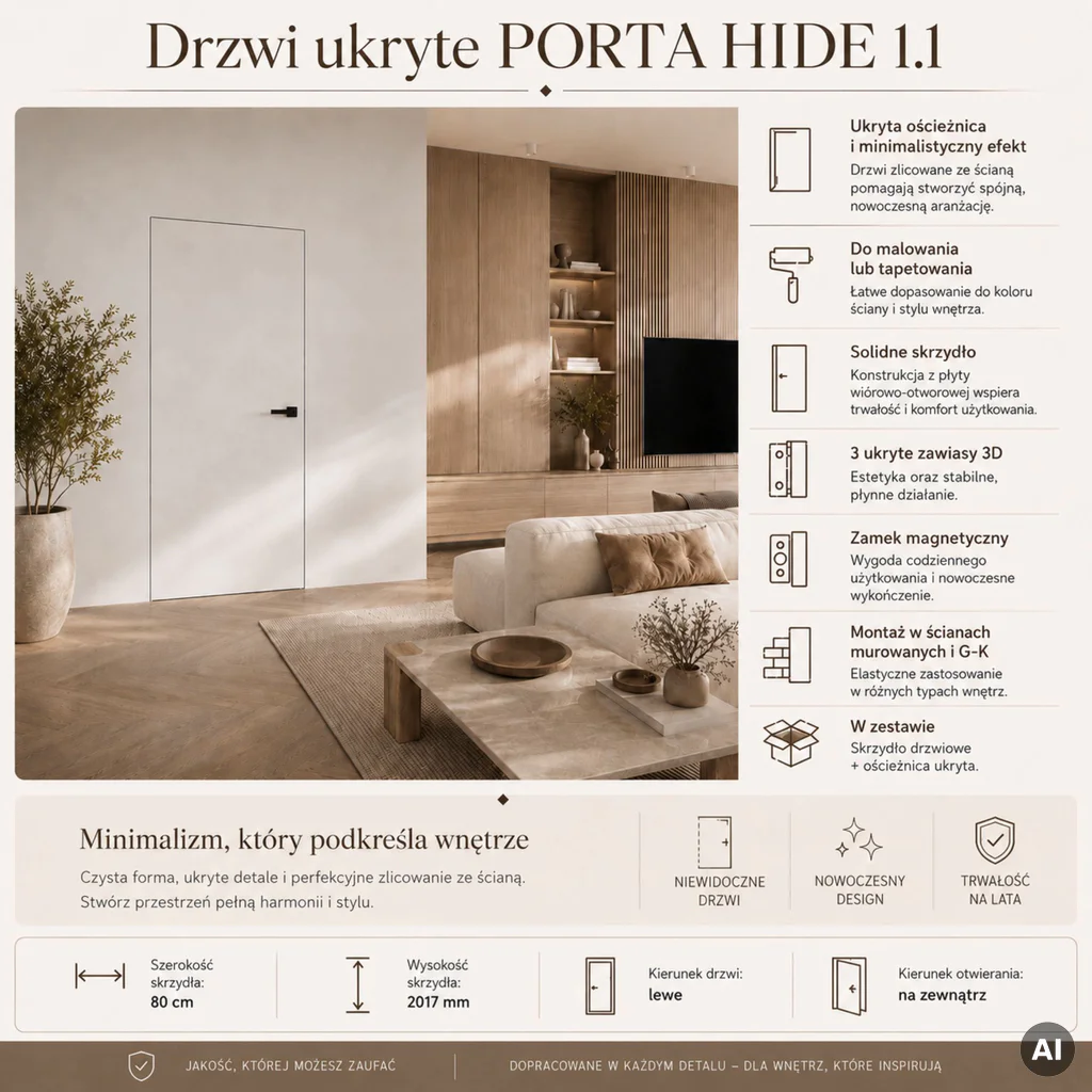 Zestaw Drzwi ukryte + Ościeżnica Porta HIDE Bezprzylgowe (otwierane na zewnątrz) Lewe 80cm płyta, SPA1110L08LBP0A7V0O000, OPA100LL080000AN300000