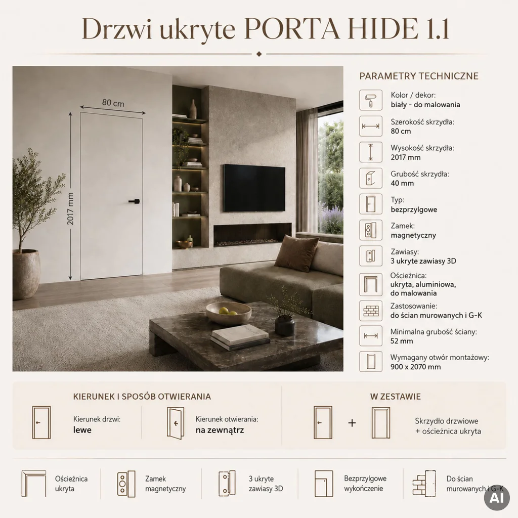 Zestaw Drzwi ukryte + Ościeżnica Porta HIDE Bezprzylgowe (otwierane na zewnątrz) Lewe 80cm płyta, SPA1110L08LBP0A7V0O000, OPA100LL080000AN300000