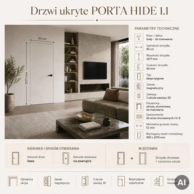 Zestaw Drzwi ukryte + Ościeżnica Porta HIDE Bezprzylgowe (otwierane na zewnątrz) Lewe 80cm płyta, SPA1110L08LBP0A7V0O000, OPA100LL080000AN300000