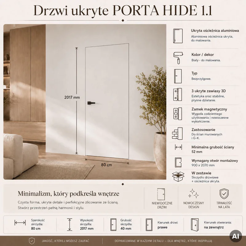 Zestaw Drzwi ukryte + Ościeżnica Porta HIDE Bezprzylgowe (
