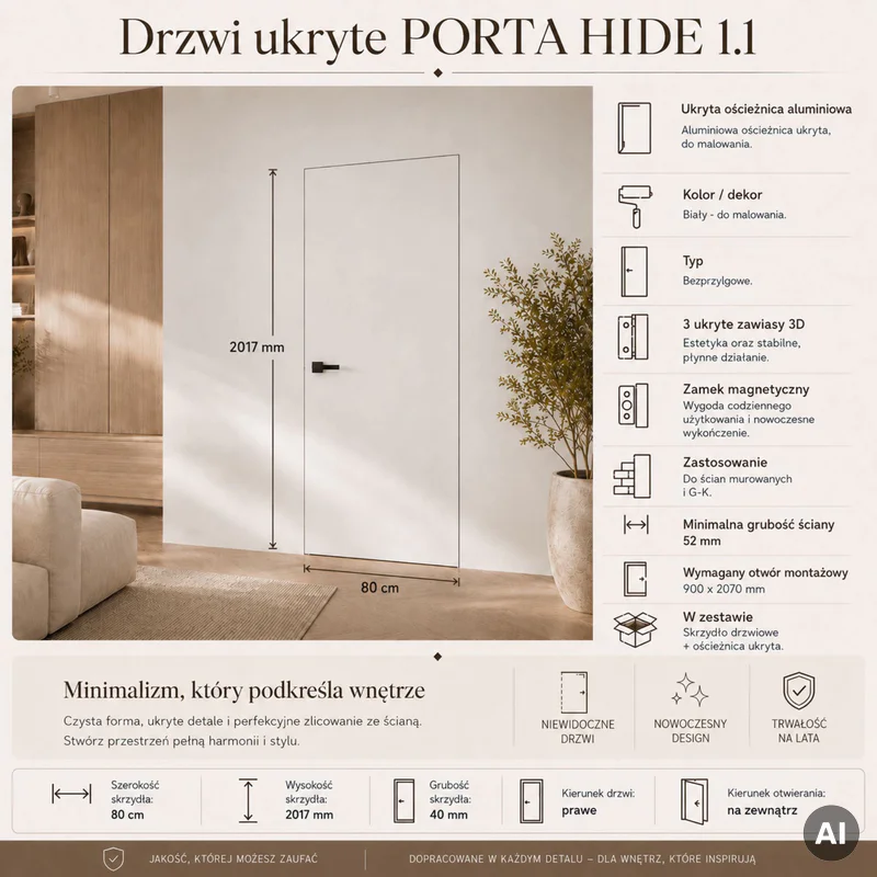 Zestaw Drzwi ukryte + Ościeżnica Porta HIDE Bezprzylgowe (