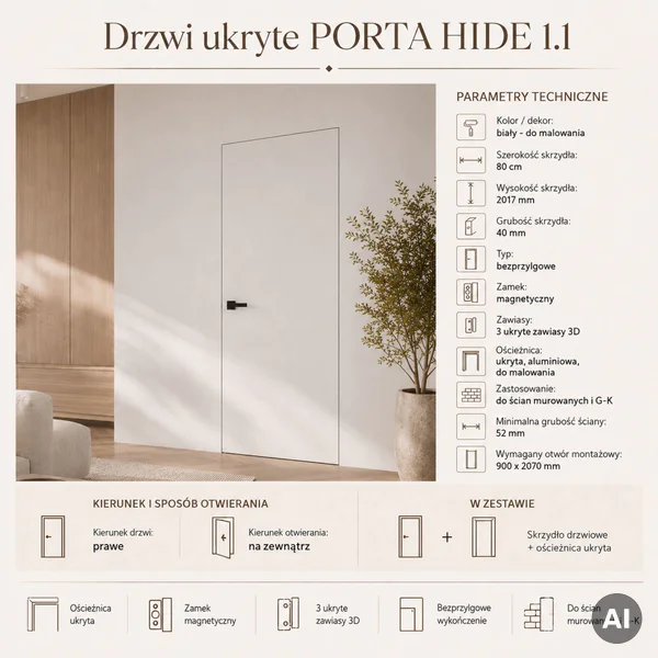 Zestaw Drzwi ukryte + Ościeżnica Porta HIDE Bezprzylgowe (