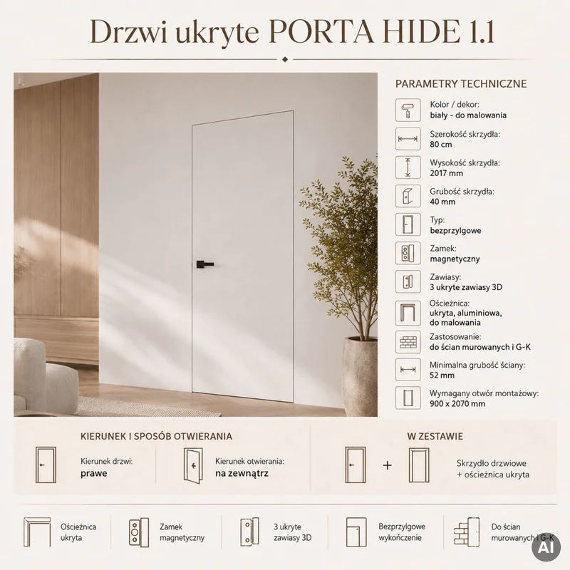 Zestaw Drzwi ukryte + Ościeżnica Porta HIDE Bezprzylgowe (