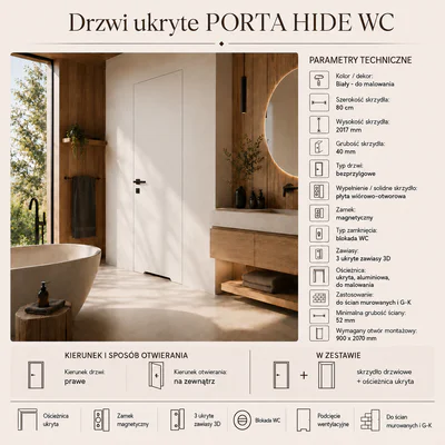 Zestaw Drzwi ukryte + Ościeżnica Porta HIDE WC Bezprzylgowe (otwierane na zewnątrz) Prawe 80cm płyta, SPA1110P08LBPWAYV0O000, OPA100LP080000AN300000