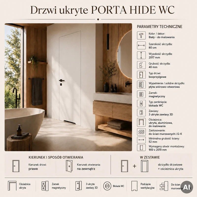 Zestaw Drzwi ukryte + Ościeżnica Porta HIDE WC Bezprzylgow