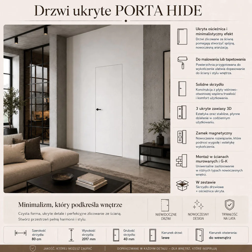Zestaw Drzwi ukryte + Ościeżnica Porta HIDE Odwrotna przylga (otwierane do wewnątrz) Lewe 80cm płyta, SPP1110L08LBP0A7V0O000, OPP100LL080000AN300000