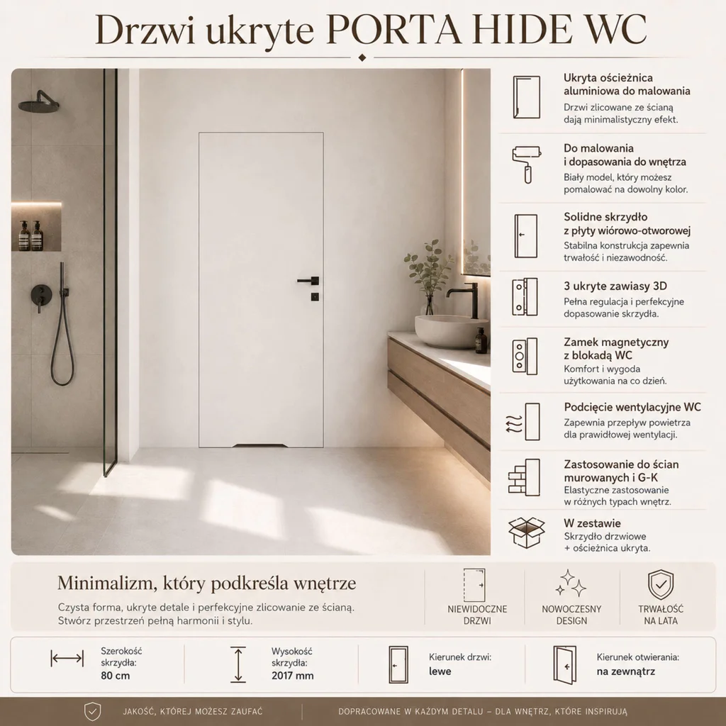 Zestaw Drzwi ukryte + Ościeżnica Porta HIDE WC Bezprzylgowe (otwierane na zewnątrz) Lewe 80cm płyta, SPA1110L08LBPWAYV0O000, OPA100LL080000AN300000